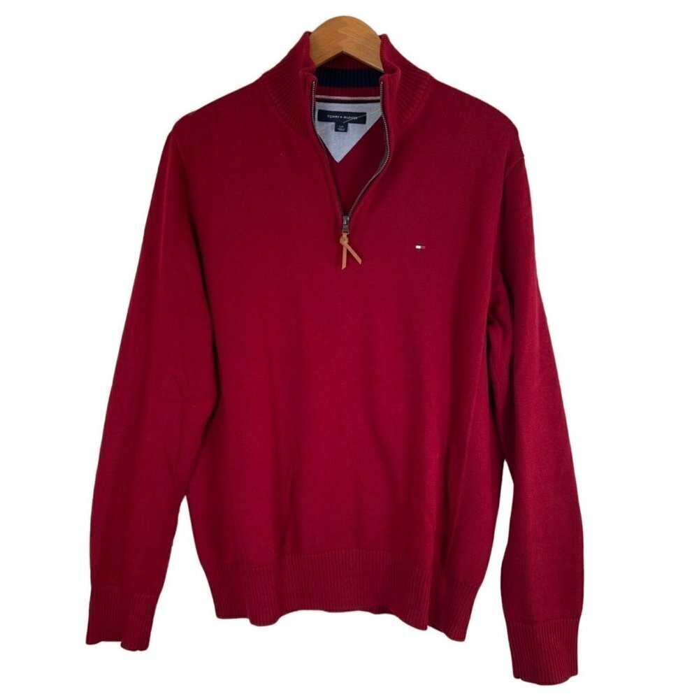 Tommy Hilfiger Mens Size L Wine‎ Sweater Pullover Top 1/4 Zip Leather Tab Cotton